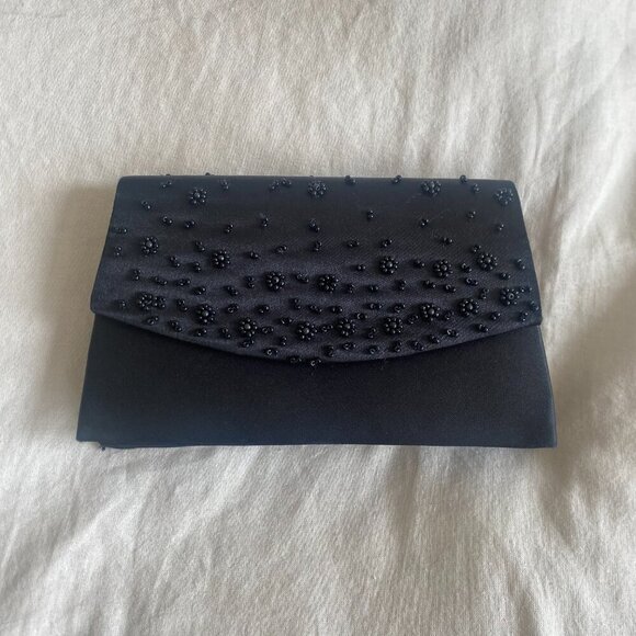 Y2K Black Beaded Satin Clutch Purse Bag - Picture 1 of 6